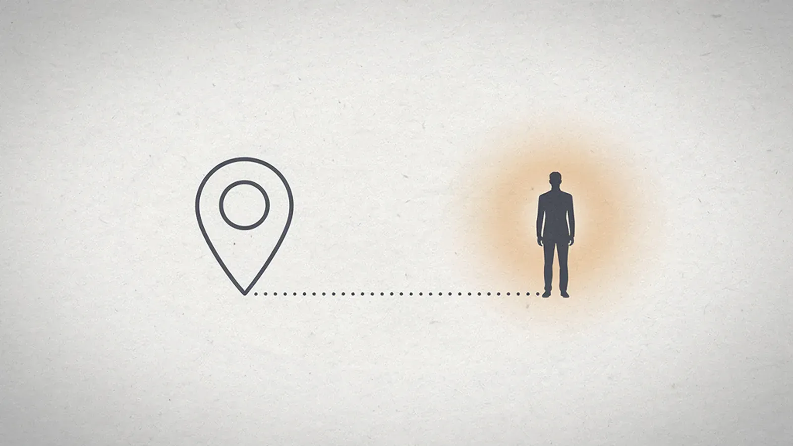 A map location pin connected by a dotted line to a small figure haloed in warm light
