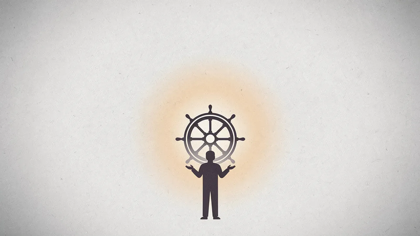 A small figure with hands lifted away from a large ship’s wheel