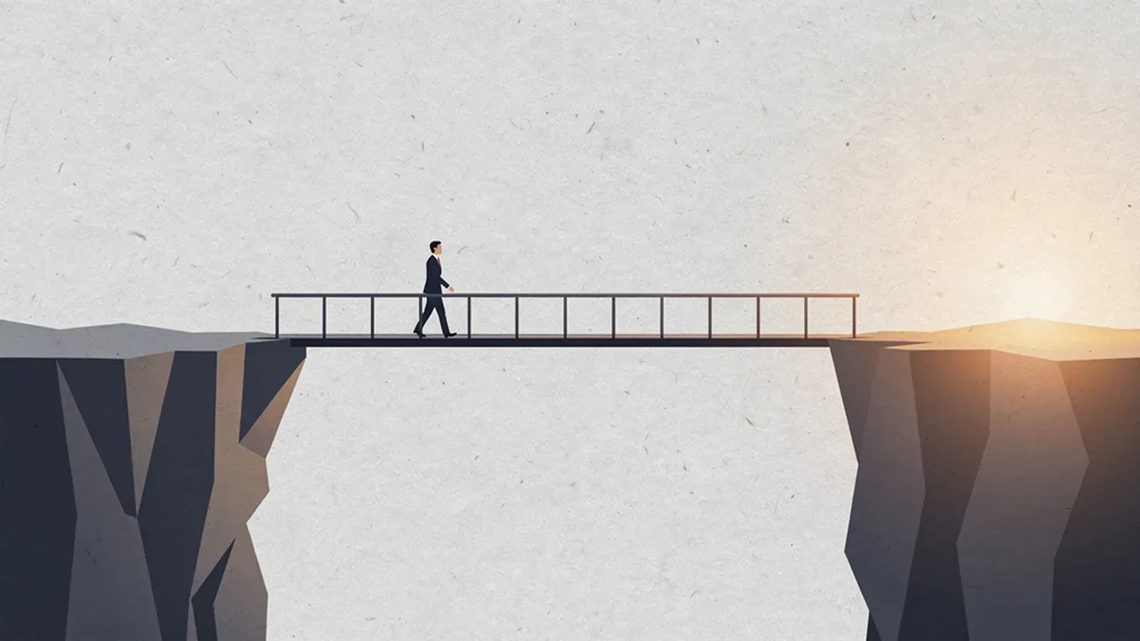 A figure crossing a slender bridge over a gap toward a warm horizon